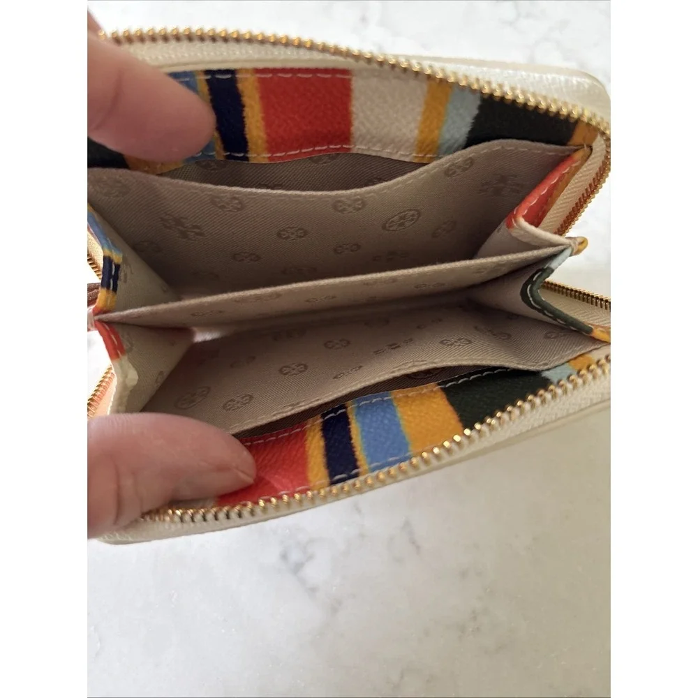 Tory Burch Kerrington Zip Coin Case Balloon Stripe Pattern Logo Rainbow